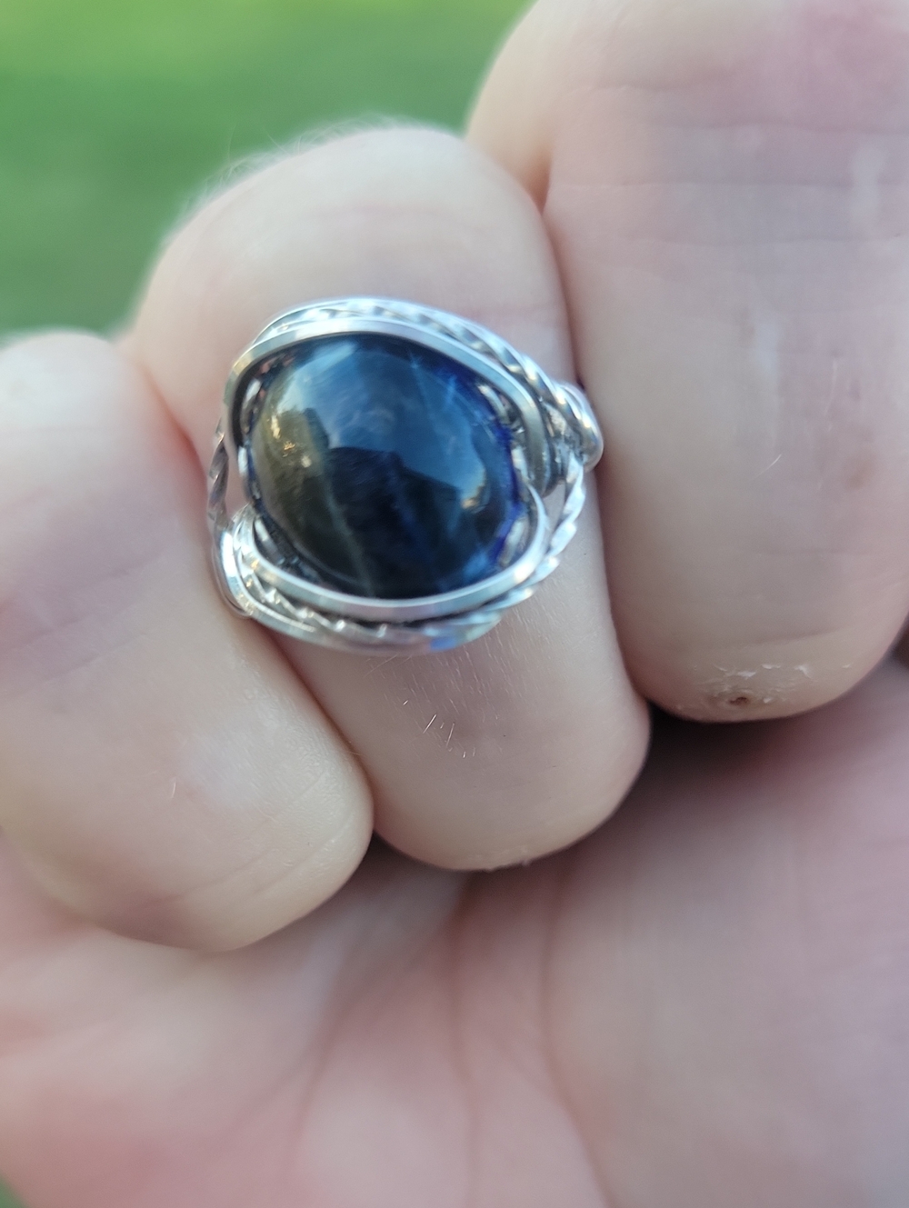 Vtg. European Silver Handmade Wire Wrapped Ring With A Blue Cabochon Tires Eye